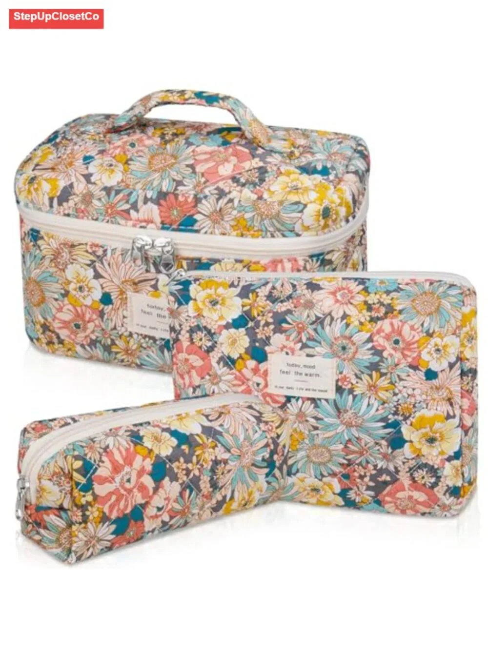Quilted Floral Makeup Bag Set - 3 Cotton Cosmetic Organizers